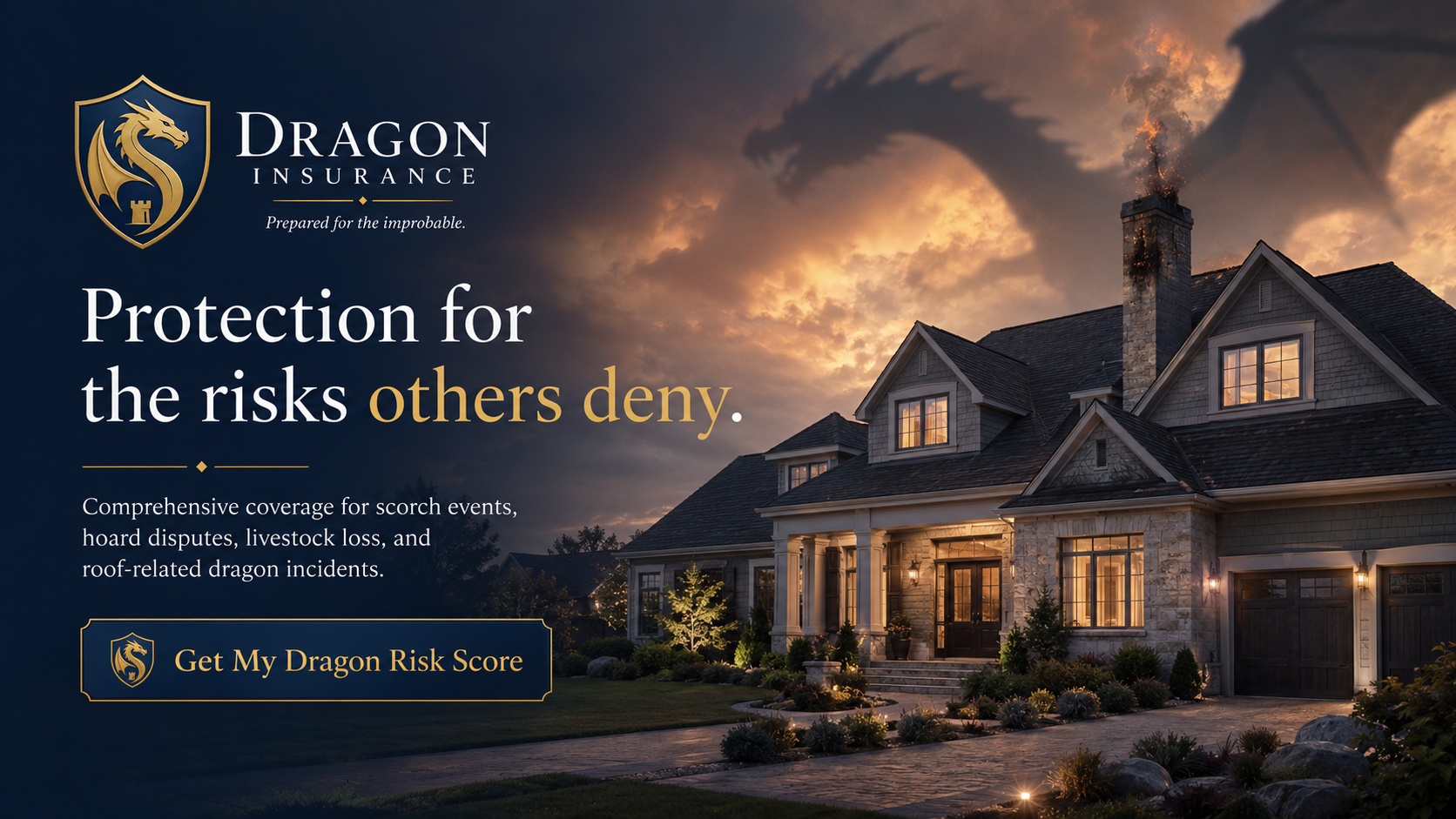 Dragon Insurance campaign showing a suburban home beneath a looming dragon shadow